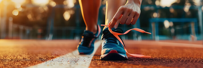 Runner tying shoelaces preparing to run. Sprinter with running trainers on race tracks. Sprint sporting competition. Exercise 