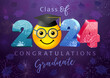 Class of 2024 congratulations graduate greeting card. Bright wallpaper banner with Internet character face. 3D graphic design. Shiny colorful number. Web icon. Graduating 3 D emoticon. School template