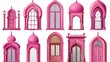 Illustration of traditional islam mosque or arab palace design elements, arch door or gate, middle east doorway architecture, showroom interior design with pink ramadan shape windows.
