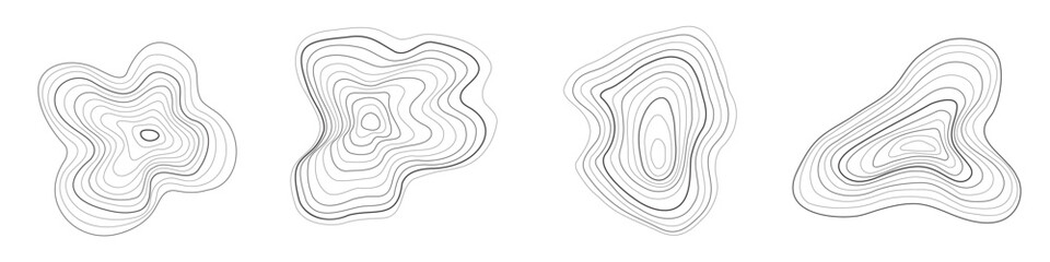 Organic shape of annual wood tree line ring. Abstract ripple circle concentric trunk texture. Topographic stump rough design. Plywood relief wave contour surface. Black fractal ink wavy grid sketch