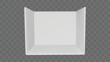 3d white booth stand corner room. Event display design with wall and floor mockup. Empty exhibition box render template. Cube showroom interior for presentation. Expo kiosk for exhibit on stage area