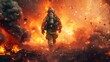 Courageous firefighter advances through intense flames and smoke, heroically battling a fierce fire