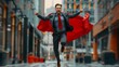 Dynamic shot of a confident businessman in a suit and superhero cape energetically jumping in an urban setting