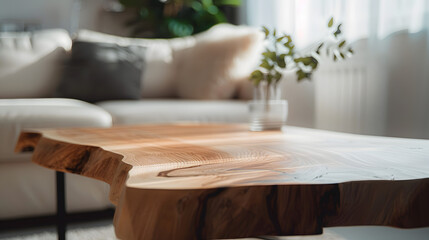 Wall Mural - A wooden table top made of sawn wood in the interior of the room on the background of a sofa