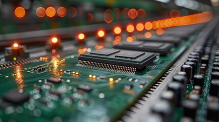 Electronic circuit board closeup. Background in the blurry foreground.