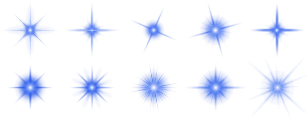 Wall Mural - set of sparkling blue stars on transparent background. glow effect. christmas concept. festive light