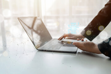 Person typing message on application talking to AI or artificial intelligence, conversation with future artificial intelligence, artificial intelligence technology, automated chatbot. ChatBot concept.