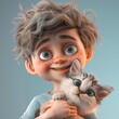 Design a 3D portrait of a small boy with tousled hair and a wide grin, holding a fluffy kitten. Both the child and the kitten have big, AI Generative