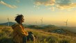Contemplative person in a yellow jacket sits in a field with wind turbines at sunset