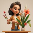 Floral Designer with Exotic Flowers Depict a 3D cartoon character of a businesswoman arranging a display of exotic flowers, AI Generative