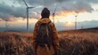 Person stands in a field, gazing at wind turbines against a dramatic sunset, symbolizing hope for a green future