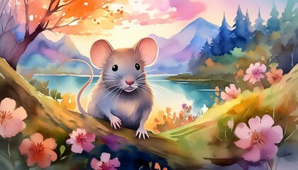 Wall Mural - a mouse in nature in watercolor art style