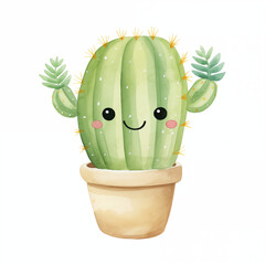 Wall Mural - Cute cactus character, succulent faces. Happy cacti plant, kawaii thorns and pots, summer garden. Hand drawn houseplants with smiles. Funny flower watercolour isolated illustration