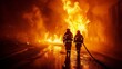 Two firefighters advance towards a massive fire engulfing a structure at night