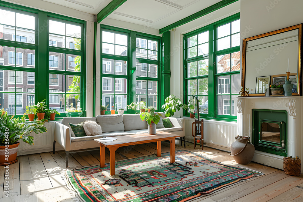 Green Window Frame Inside an interior design in Amsterdam, bright living room with wood floor and ...