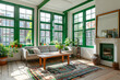 © Prasanth - an interior design in Amsterdam, bright living room with wood floor and green window frames, sofa, coffee table on the left side, small fireplace on right side, carpet with boho pattern on ground