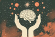 A hand is holding a brain in a space scene surrounded by stars and planets. Concept of wonder and curiosity about the universe and the human mind.
