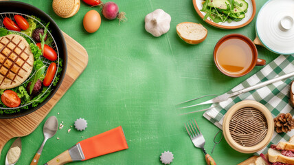 A green table with a variety of food and utensils