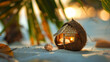 Green energy eco with coconut shell house on the beach.Renewable energy and environment concept. 