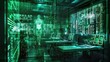 © Fay Melronna  - A conceptual medical lab, illuminated by green code, where an Xray of the intestines is the focal point of advanced diagnostic studies