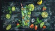© Антон Сальников - Vintage style stylized drawing on a blackboard of a cocktail mojito in vintage style