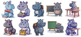 Fototapeta Pokój dzieciecy - Set of Cute hippo school cartoon, Clipart Bundle, isolated, png, generated ai