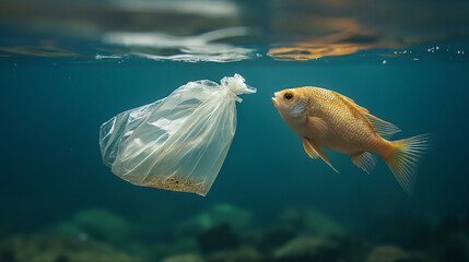 Sticker - a fish swimming in the ocean and an empty plastic bag