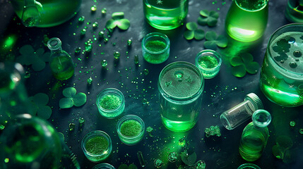 Poster - green glowing alchemy liquid in beakers and glasses