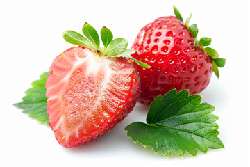 two strawberries with leaves on a white surface