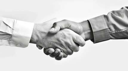 On a white background, a black and white handshake is shown between two partners.