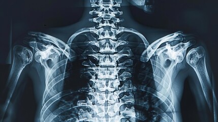 Wall Mural - A diagnostic Xray showcasing a fully fractured clavicle, clearly revealing bone structure and vertebrae for accurate medical analysis