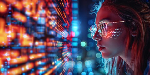 A digital hologram and a female using a tablet to analyze data in the field of technology and data security research.