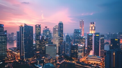 Wall Mural - A breathtaking panoramic view of a serene cityscape at twilight, with towering skyscrapers illuminated against a soft, pastel sky.