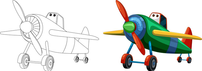 Wall Mural - Two stylized cartoon airplanes, one colorful, one line art