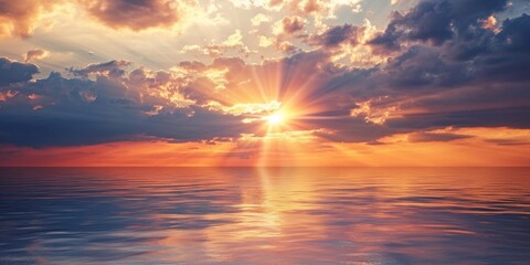 Sunset Over Calm Ocean with Golden Sunrays Streaming Through Clouds. Sea View at Dusk with Sunlight and Clouds. Generative AI