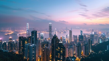 Wall Mural - A breathtaking panoramic view of a serene cityscape at twilight, with towering skyscrapers illuminated against a soft, pastel sky.