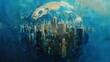 © venusvi - A captivating cityscape painting of a thriving global business center on a rotating blue planet, reminiscent of classic impressionist masterpieces.