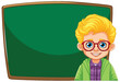 © GraphicsRF - Cartoon boy in glasses standing by a chalkboard