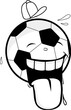 Cartoon soccer ball character. Funny cheering football sports cartoon with hat. Vector black and white coloring page.
