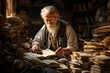 Old man with a beard pens thoughts in a book surrounded by piles of books in a cozy, sunlit room