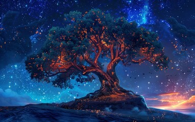 Wall Mural - A magnificent tree bathed in twilight hues stands atop a cosmic cliff, its branches reaching into a mesmerizing star-filled sky.