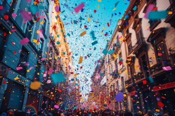 Wall Mural - the photograph showcases a vibrant explosion of confetti in the air during a festive urban event