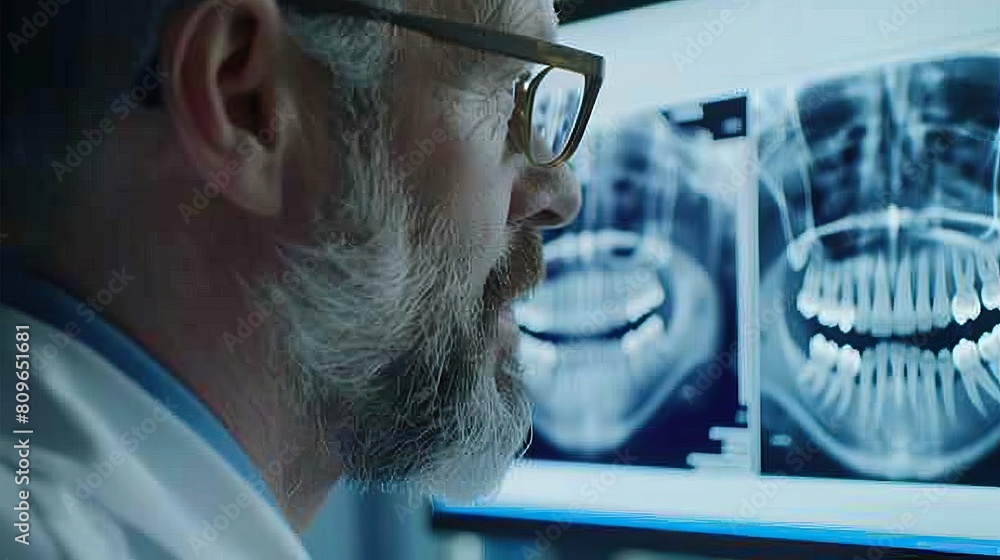 A focused dentist examines a tooth Xray on a computer screen ...