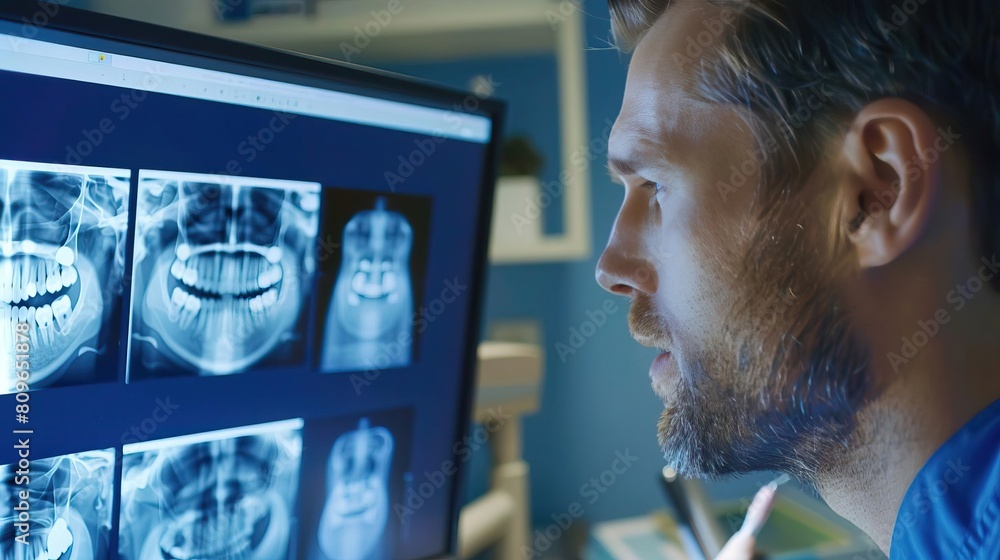 A focused dentist examines a tooth Xray on a computer screen ...