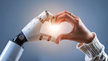 Close-up of a humanoid robot hand and a human hand together in the form of heart (heart shape), backlit on a blue background with copy space. Concept of AI and Human collaboration. Generative Ai.