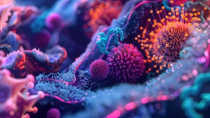 Wall Mural - A futuristic depiction of intestinal cells in neon colors, inspired by Y2K aesthetics, highlighting intricate details across micro and macro scales for advanced medical education