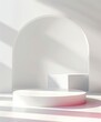 Futuristic Minimalist Podium in Monochrome for Custom Shirt Display, Clean White Backdrop with Precision Lighting