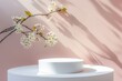 Ethereal Spring Morning: Minimalist White Podium with Soft Shadows and Delicate Blossoms on a Dreamy Pastel Background in Sunlight