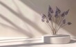Serene Lavender-Themed Minimalist Mockup with Translucent Podium and Softly Diffused Sunlight