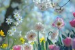 Ethereal Spring Floral Arrangement Spelling 'RENEW' Amidst Pastel Tulips and Cherry Blossoms in Dreamy Surreal Setting